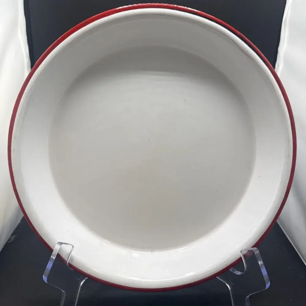 Vintage White Red Rim Enamelware Dinner Plate Farmhouse Camp Rustic 10 Inch